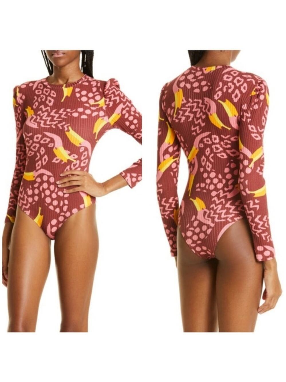 FARM Rio Toucanissimo Long Sleeve Stretch Cotton BodySuit Burgundy Size Medium